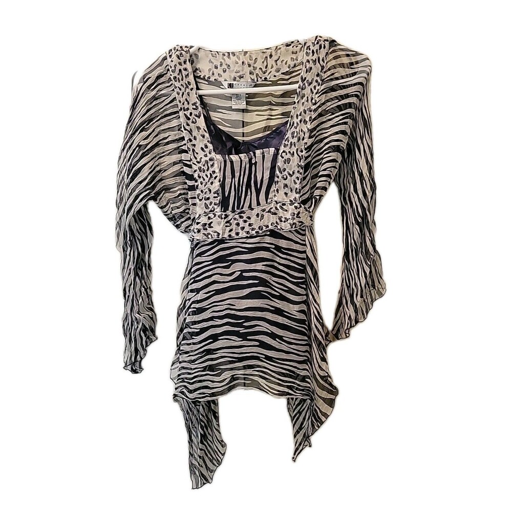 Vintage Carole Little Small  B&W  Leopard Zebra Print 2 Pc Top USA 100% Silk Y2K